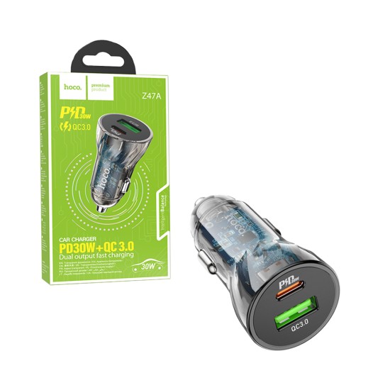 Hoco Car Charger Z47A Discovery Edition 2 Port USB+Type-C 30W Transparent Black
